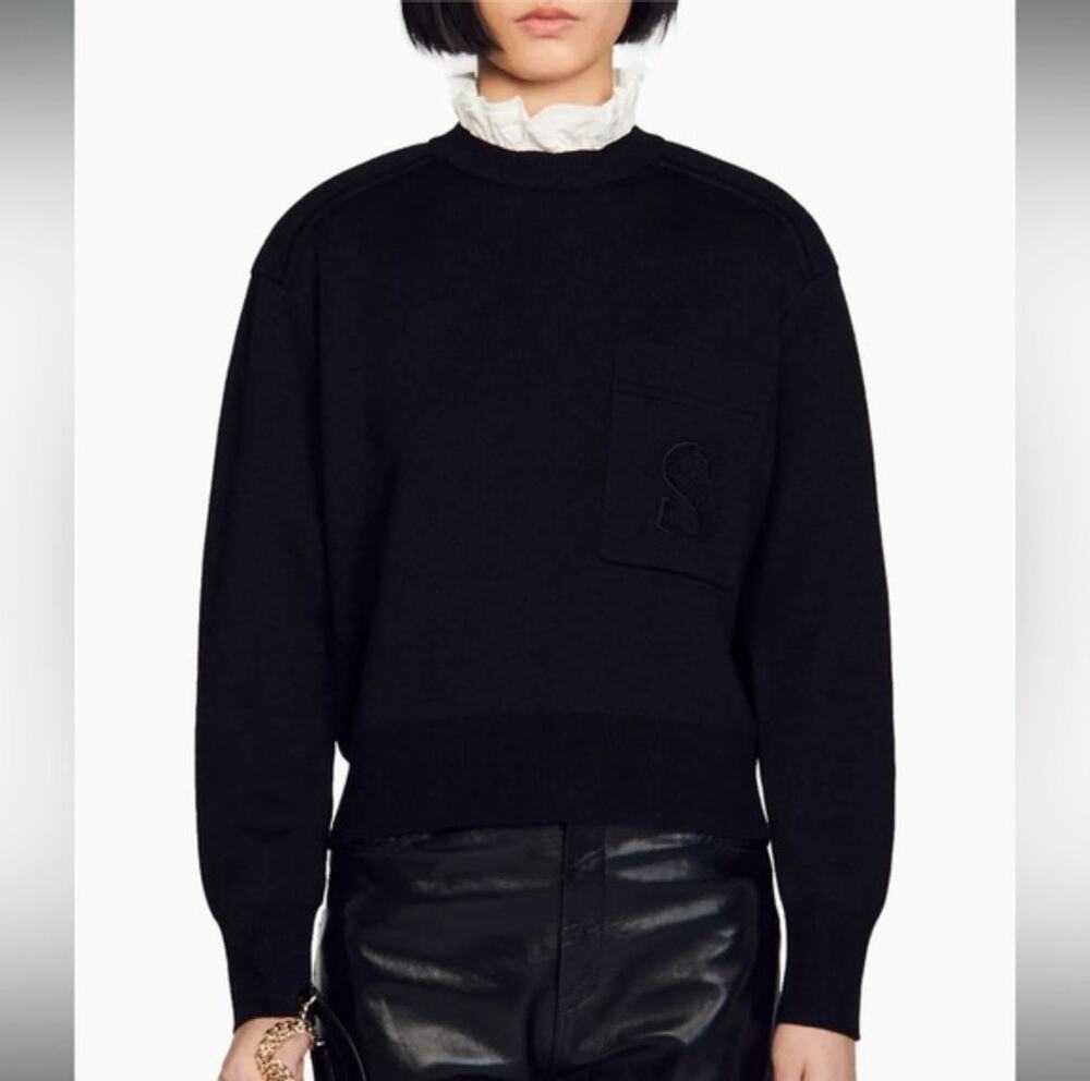Sandro Black Ribbed Mock Neck Ruffle Collar Sweater Size XS/Small Quiet Luxury
